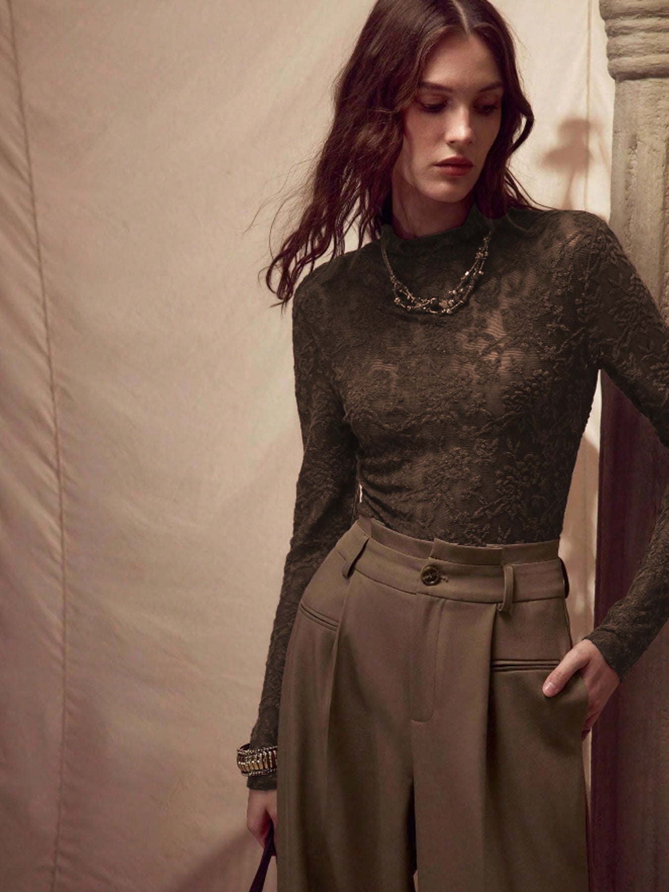 Women Clothes Bottoming Shirt Autumn Winter Fleece Lined Keep Warm Inner Match Half Turtleneck Stitching Mesh Top