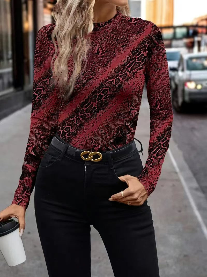 Women Autumn Long Sleeve Leopard Print Slim Fit Top round Neck Women Clothing
