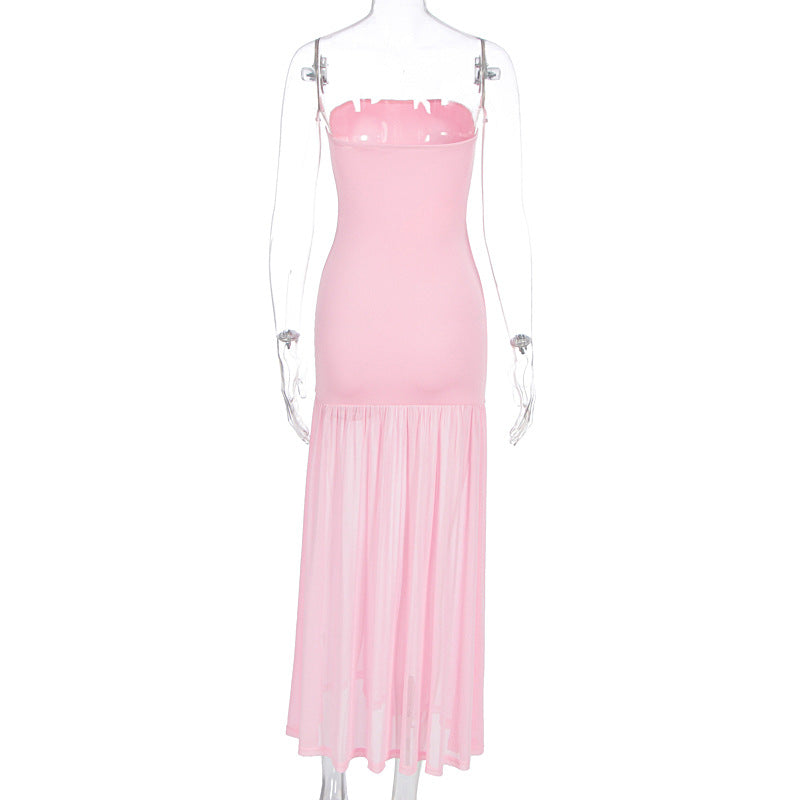 Summer Women Clothing Sexy Elegant Stitching Mesh Tube Top Slimming Dress