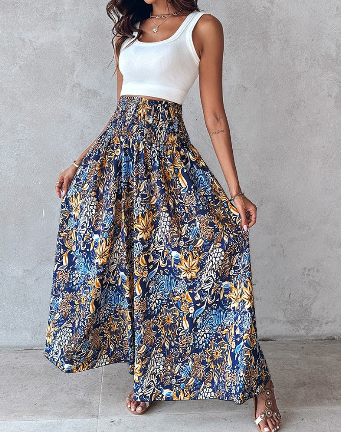 Women Clothing Printed Waist-Controlled Casual Trousers Wide Leg Pants