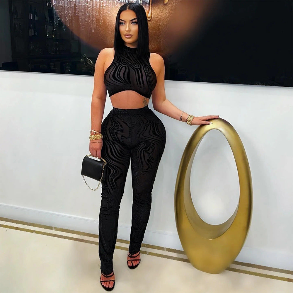 Two Piece Sets round Neck Sexy Sleeveless Short Top Match Slim Fit Pencil Pants