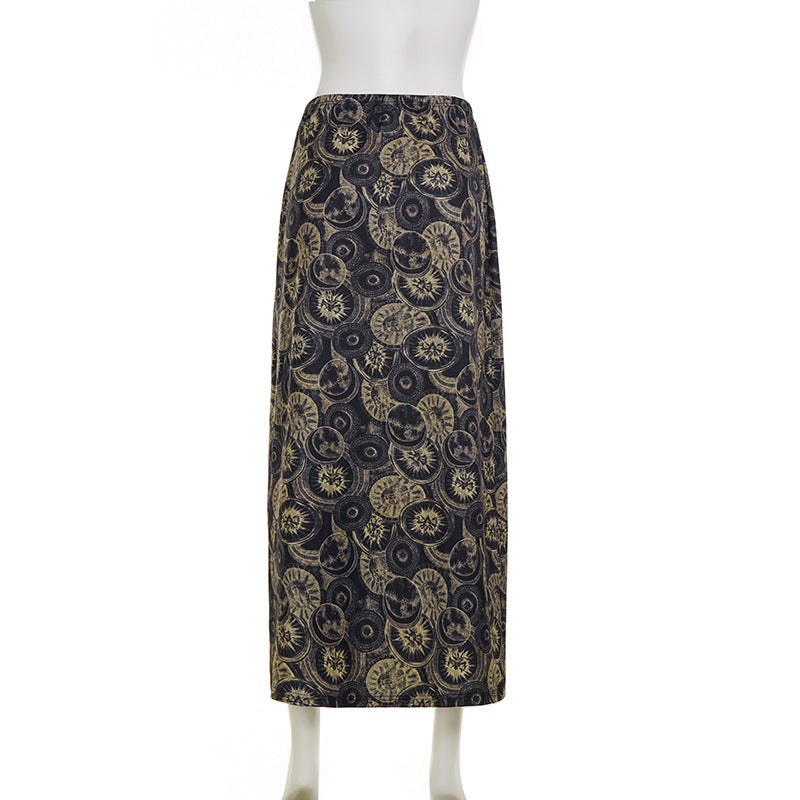 Ethnic Print Distressed Retro High Waist Cover Slimming Spring Summer Elegant Circle Maxi Skirt
