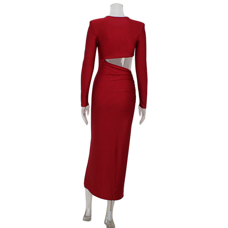 Elegant Women round Neck Long Sleeve Hollow Out Cutout out Split Red Retro Slim Fit Sexy Dress