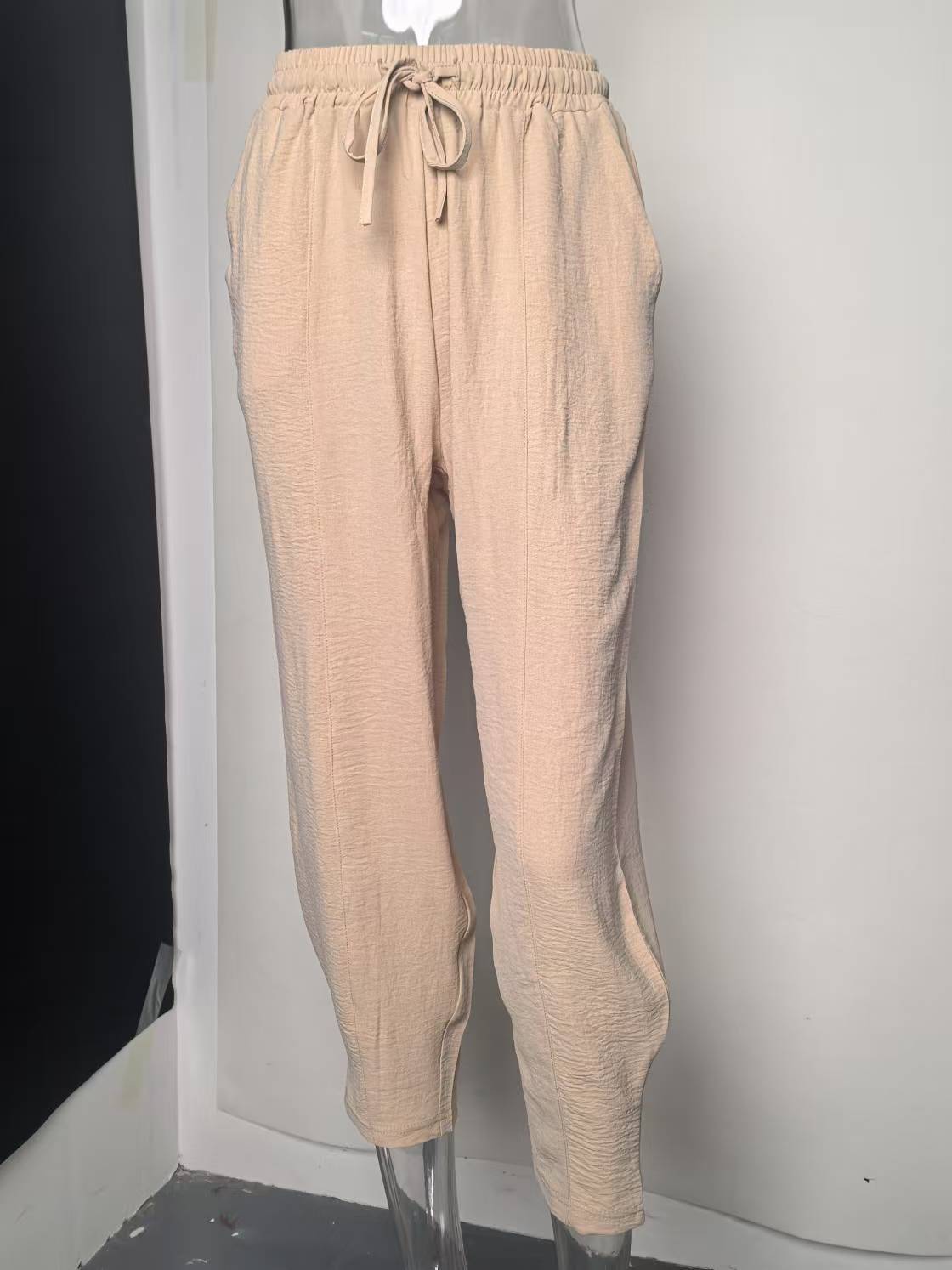 Women Clothing Spring Summer High Waist Loose Vacation Casual Drawstring Pocket Cropped Pants