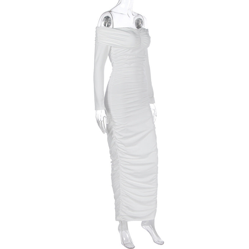 Solid Color Sexy off the Shoulder Maxi Dress Elegant Pleated Long Sleeve Dress Women