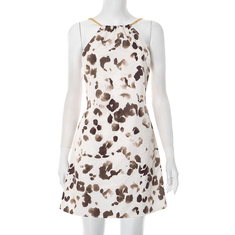 Summer Irregular Asymmetric Pattern Print Halter Backless Slip Dress