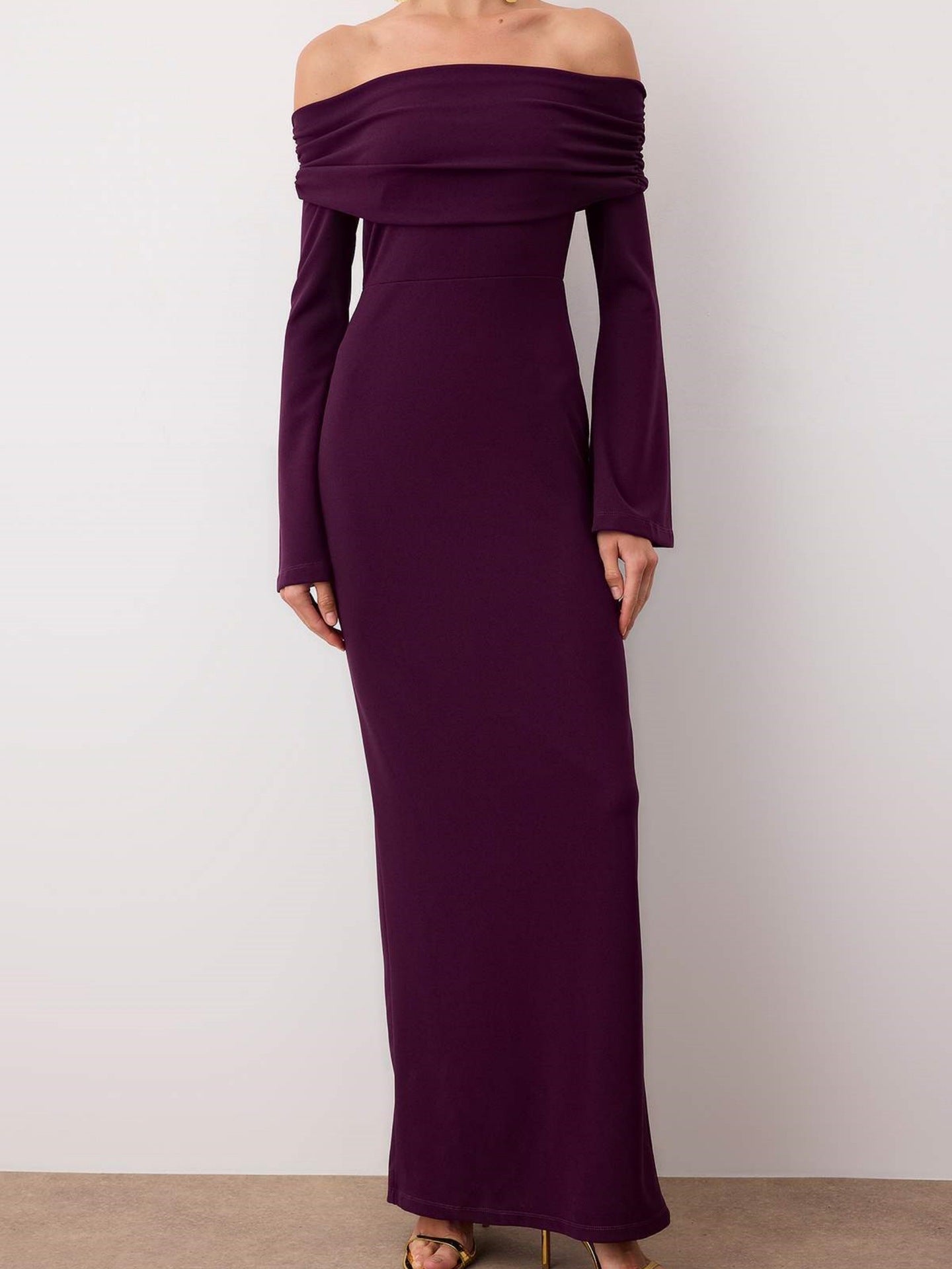 Maxi Dress Women Sexy Solid Color off Shoulder Pleated Long Sleeve Autumn Dress Women