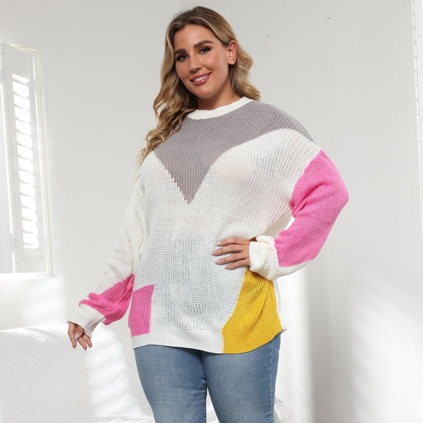 Plus Size Women Clothes Color Contrast Patchwork Loose Casual Pullover Sweater