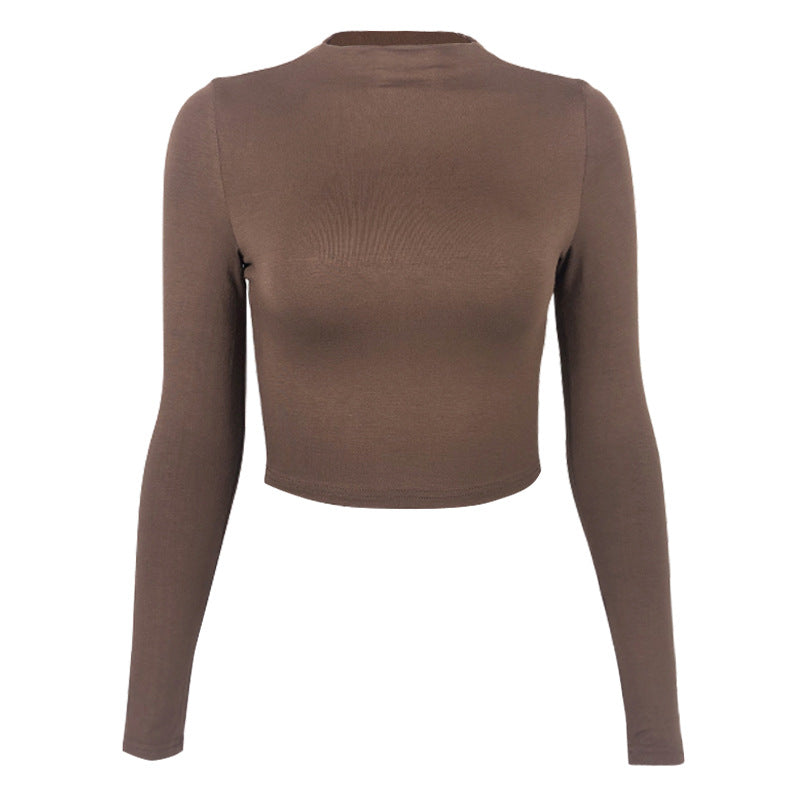 Women Clothing Autumn Solid Color Sexy Tight cropped Long Sleeve Half Turtleneck T shirt Bottoming Shirt