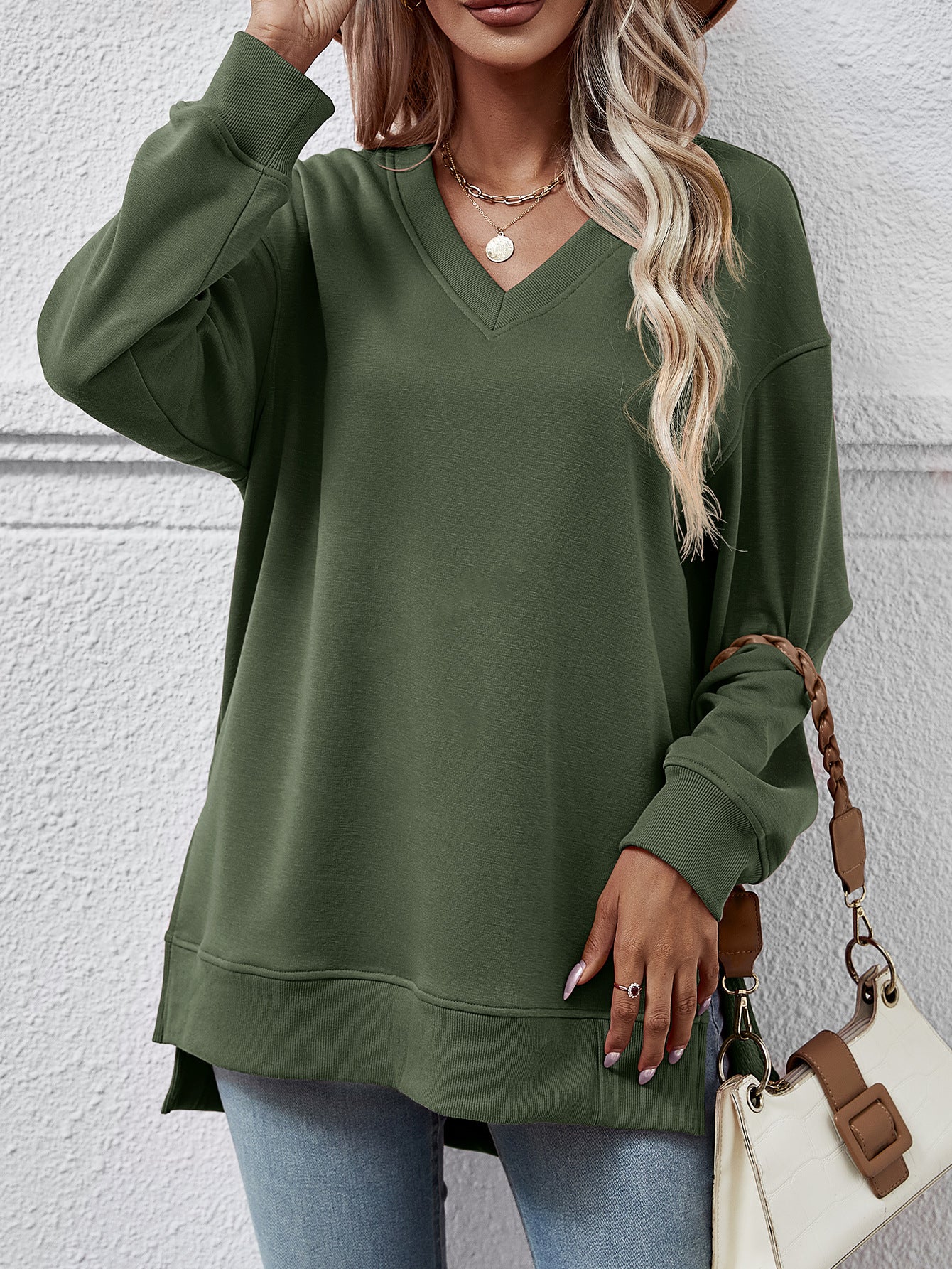 Autumn Winter Women Clothing Sweatshirt Solid Color V Neck Split Front Short Back Long Blouse