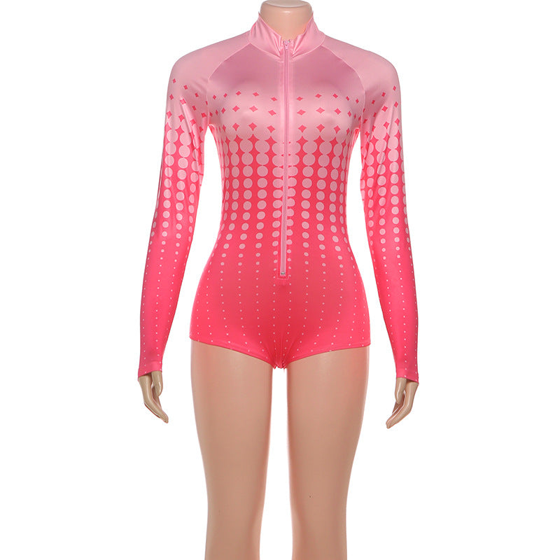 Autumn Winter Women Clothing Long Sleeve Stand Collar Zipper Printed Sexy Slim Fit Sexy Jumpsuit