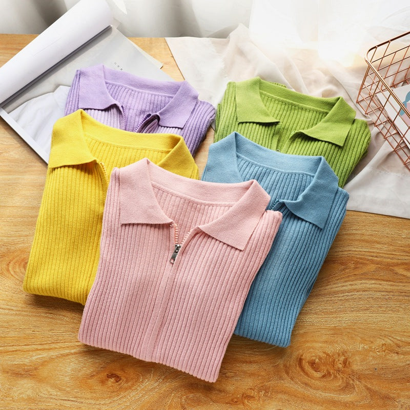 Knitted Bottoming Solid Color Slim Fit Top Long Sleeve Polo Collar Women Short Sweater Autumn Winter Cardigan