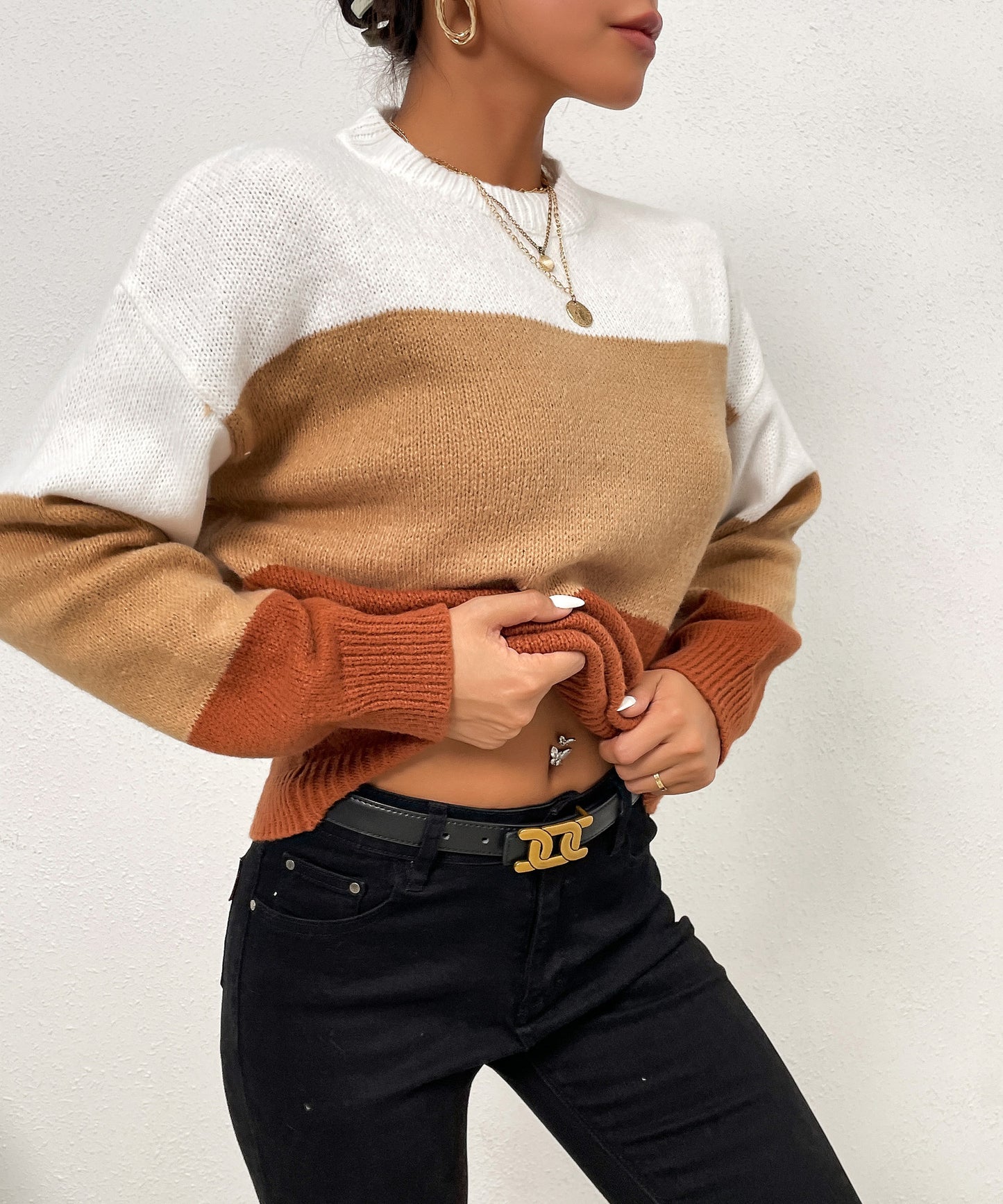 Vietnam Autumn Winter Casual Loose Gradient Color round Neck Striped Contrast Color Sweater Women