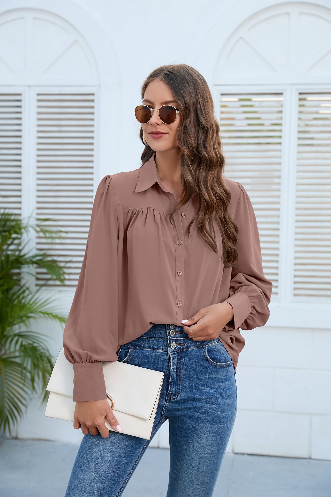 Women Clothing Spring Autumn Chiffon Shirt Women Shirt Pleated Long Sleeved Top Women