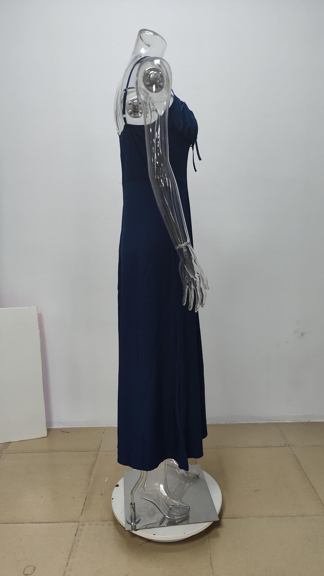 Spring Women Clothing Elegant Lace up A line Solid Color Sling Dress