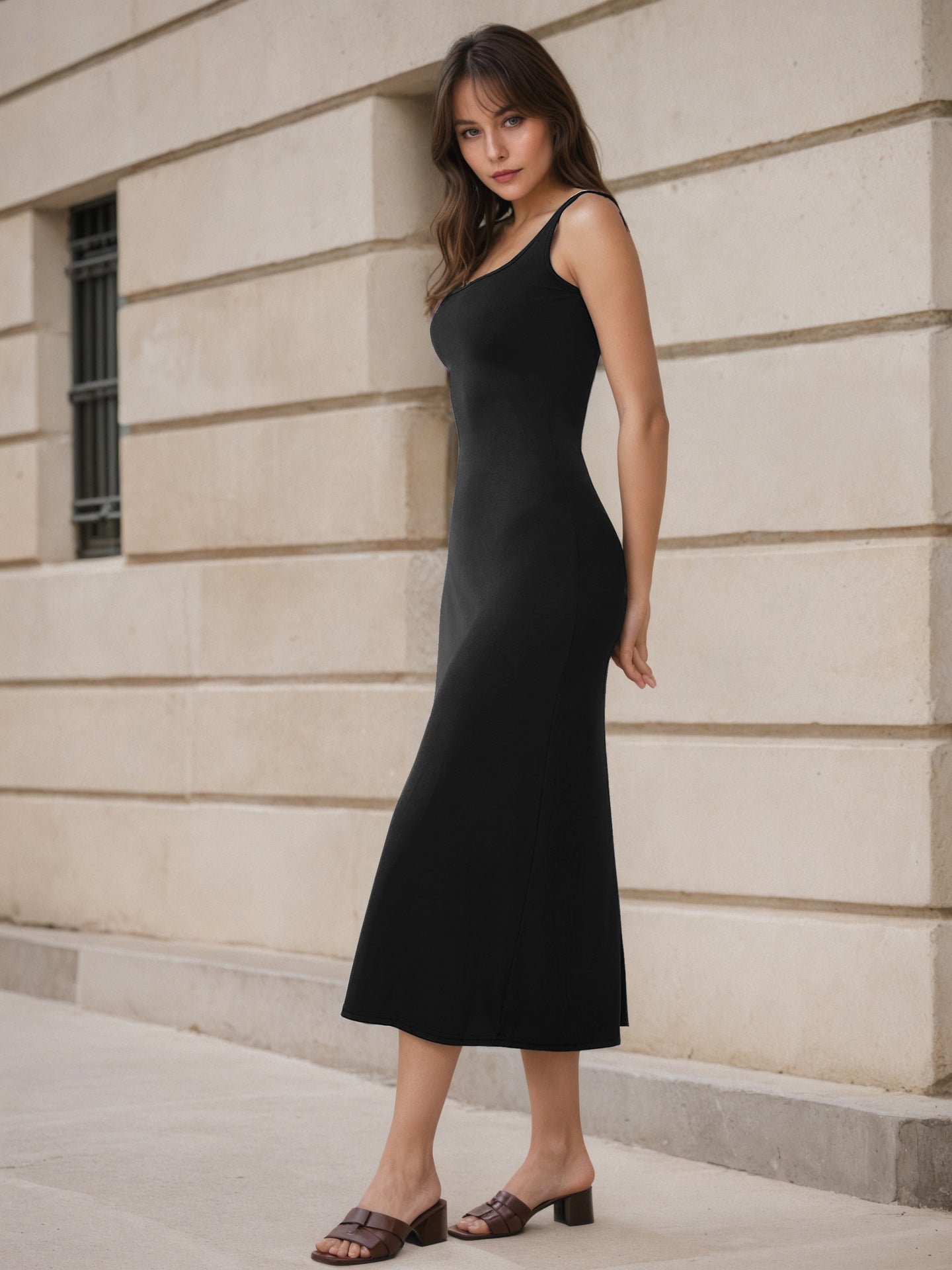 Sleeveless Vest Dress Women Slimming Square Collar Elegant High Grade Summer Sling Long Dress