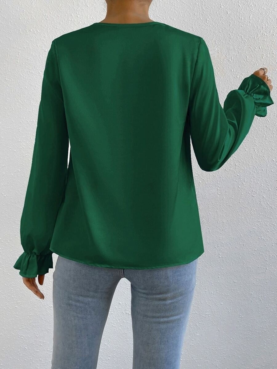 Women Clothing Ruffled Sleeve Satin Shirt Autumn Arrival Long Sleeve Satin Shirt