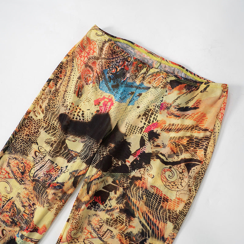 Slim Fit Sexy Printed Mesh See Through Cropped Short Long Sleeve Top Trousers Suit