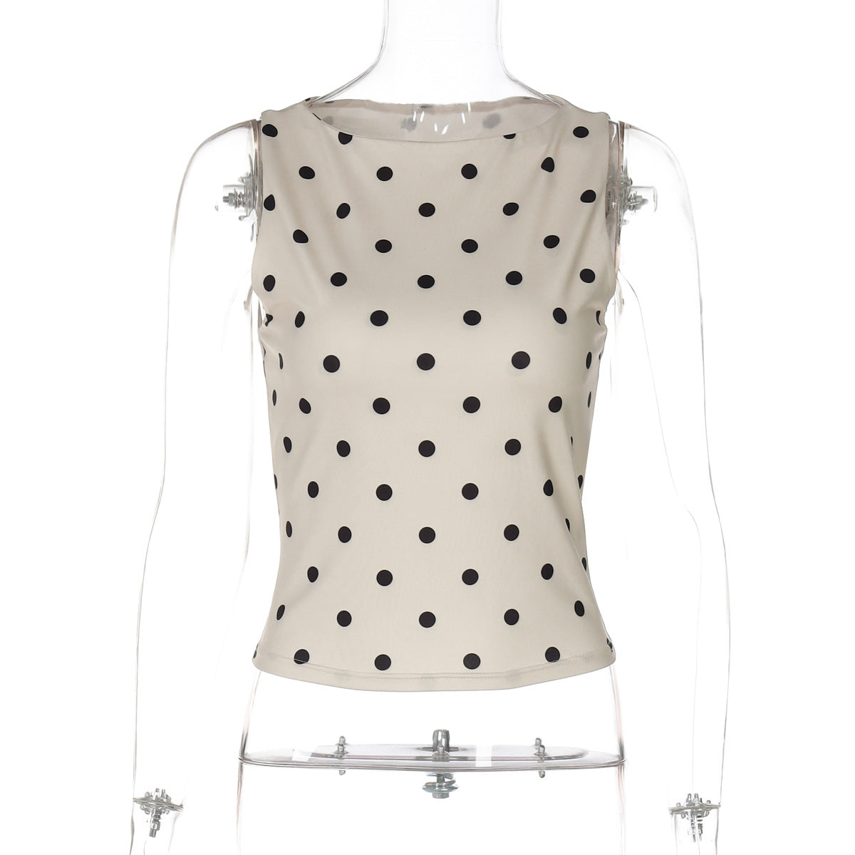 Women Clothing Summer Dotted Prints Slim round Neck Sleeveless Top