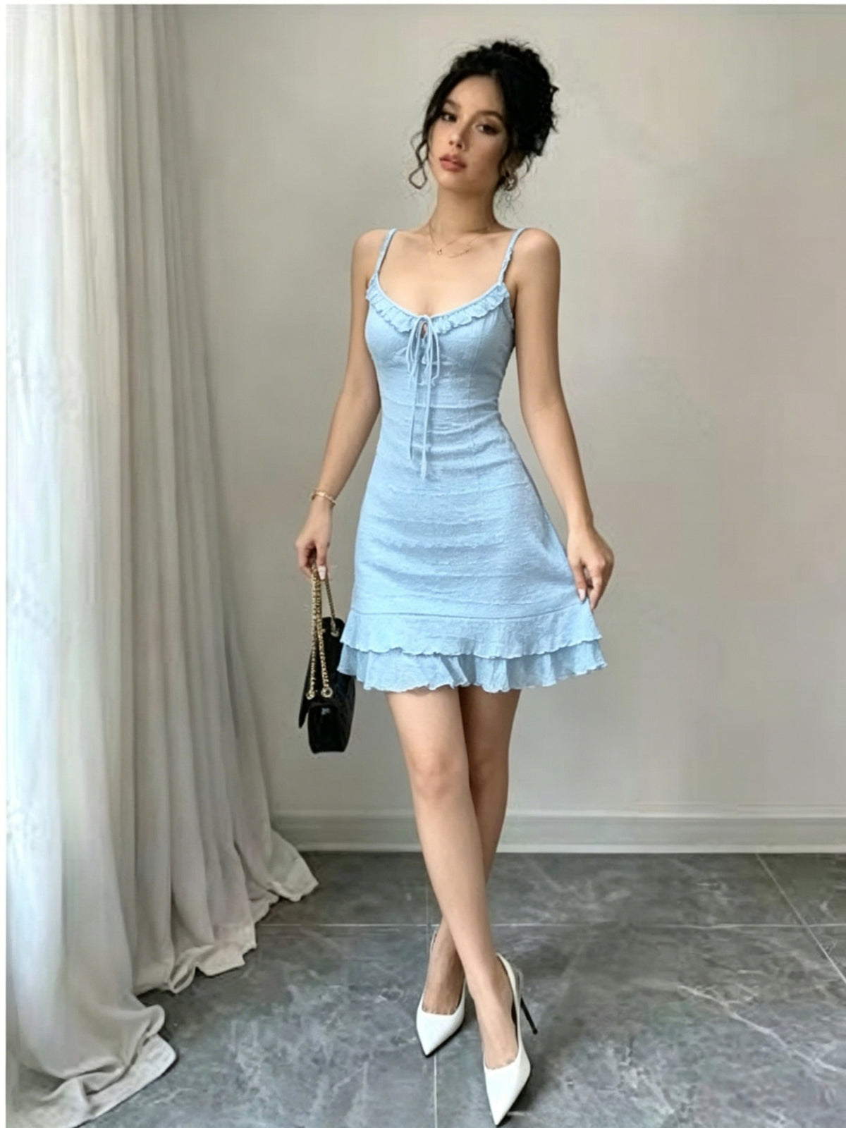 Sexy Blue Strap Dress Women Summer Slim Fit Waist Trimming Ruffles Dress Sexy Tight Sheath Short Dress
