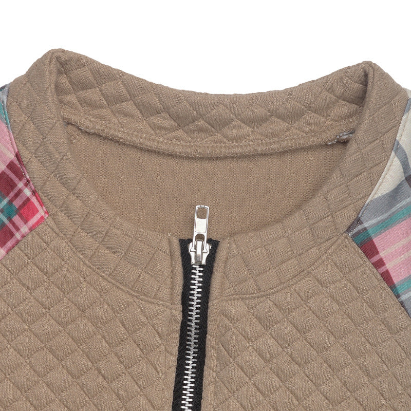 Casual Retro Cardigan Zipper Plaid Stitching Diamond Patterns Fabric Sweatshirts