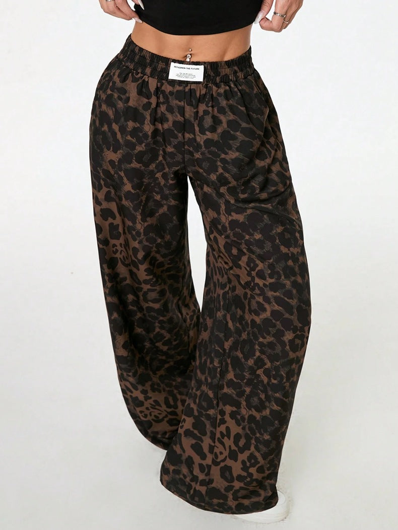 Women Winter Leopard Print Casual Pants Loose Elastic Waist Printed Wide Leg Trousers