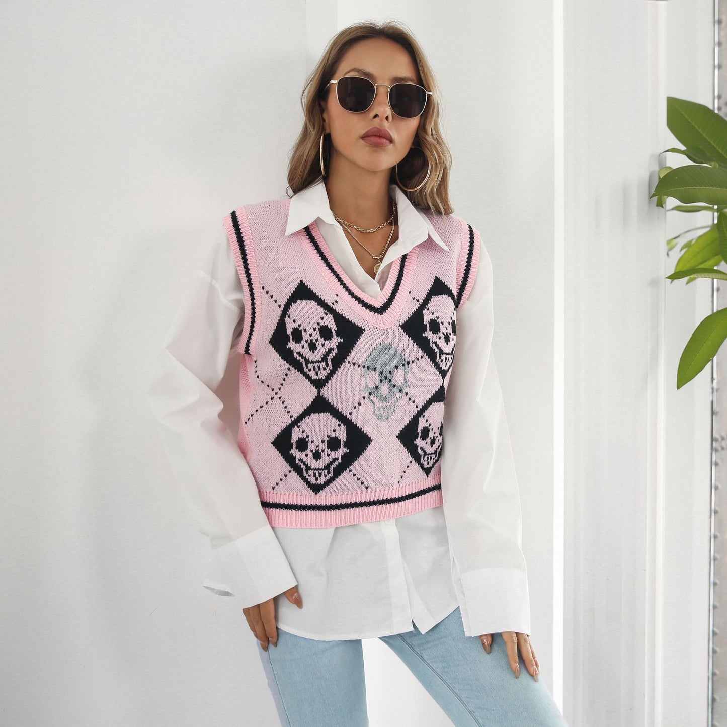 Halloween Skull Jacquard Rhombus Vest Sweater Women Vest Knitwear Autumn Winter