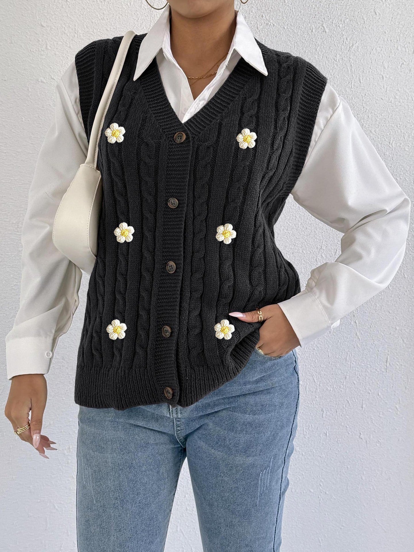 Women Knitted Cardigan Autumn Winter Women Clothing Casual Outerwear Vest Twist Woven Sweater Three Dimensional Floral Stitching Vest