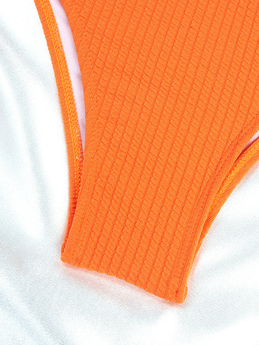 Solid Color High Waist Sunken Stripe Bikini Sexy Swimsuit Women Split Special Fabric Swimsuit