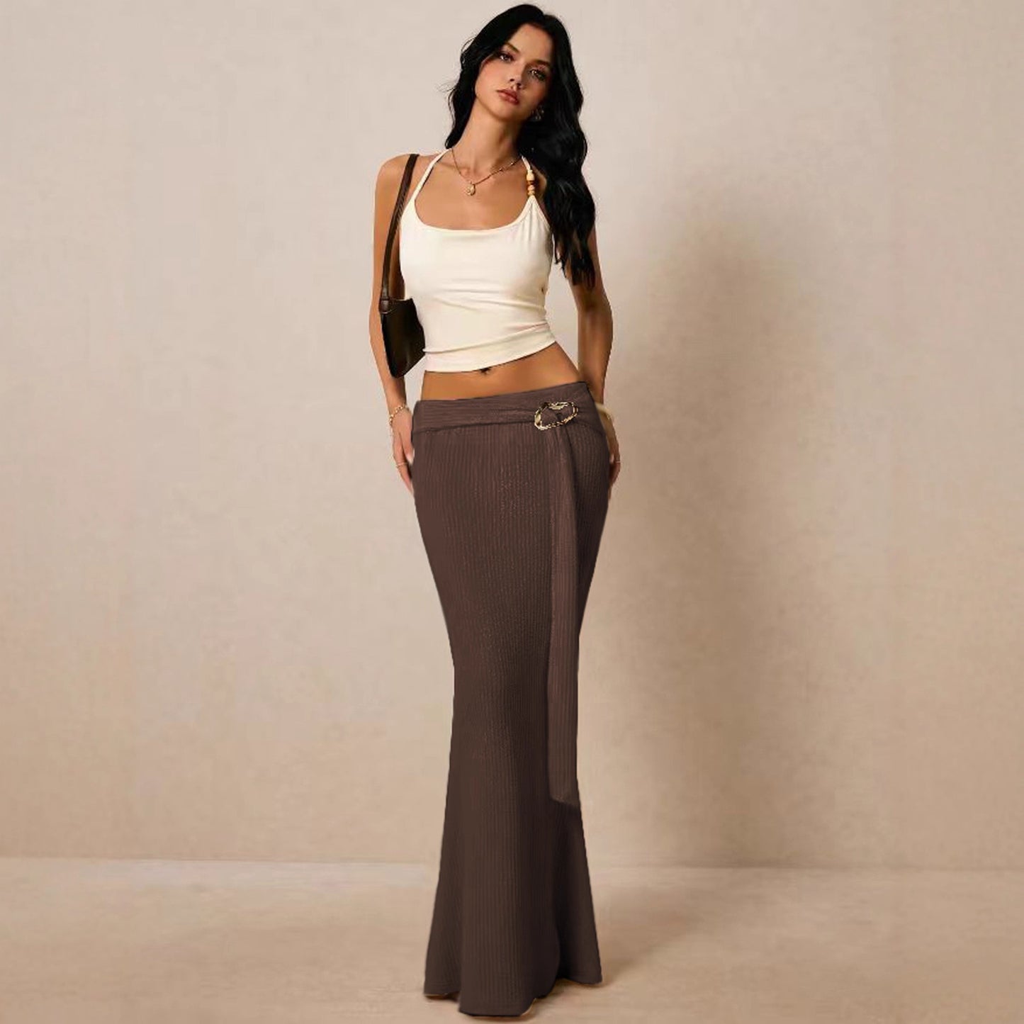 Autumn Winter Women Solid Color Sexy Knitted Skirt Metal Accessories Slim Fit Sheath Dress