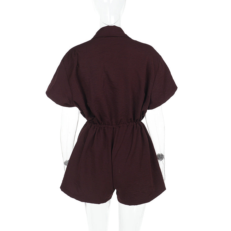 Shirt Collar Solid Color Waist Tight Short Sleeve Romper for Women Casual
