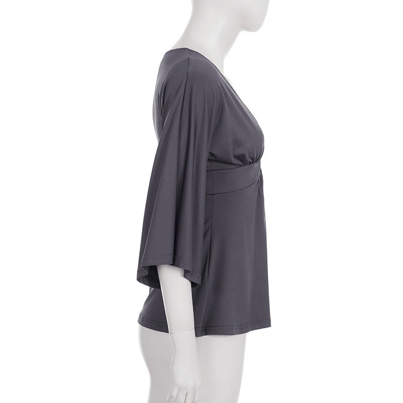 Sexy V neck Solid Color Draping Half Sleeve T shirt Women Bell Sleeve Waist Controlled a Swing Top