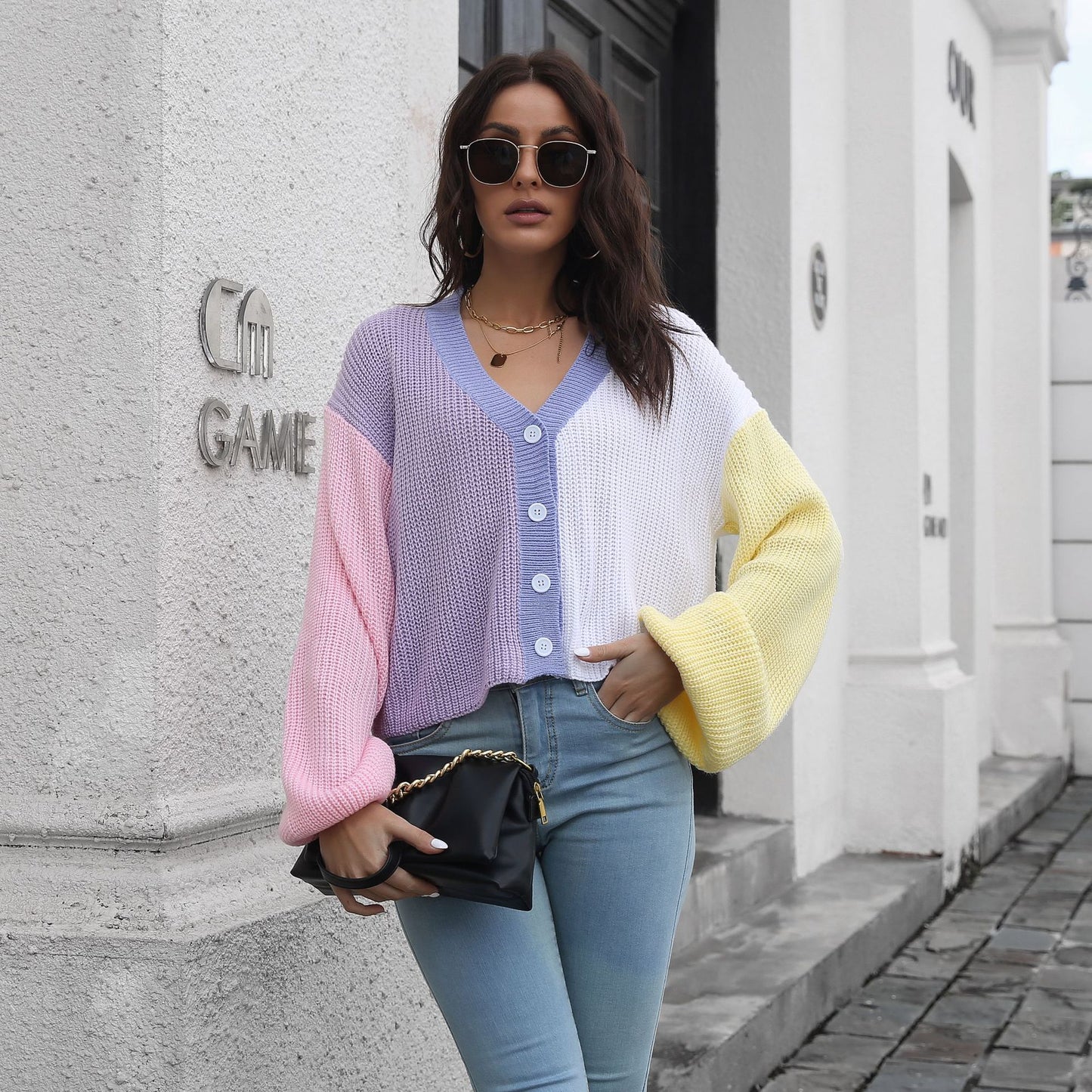 Color Stitching Knitted Cardigan Contrast Color Sweater Women Loose Long Sleeve Short Coat Women Clothing