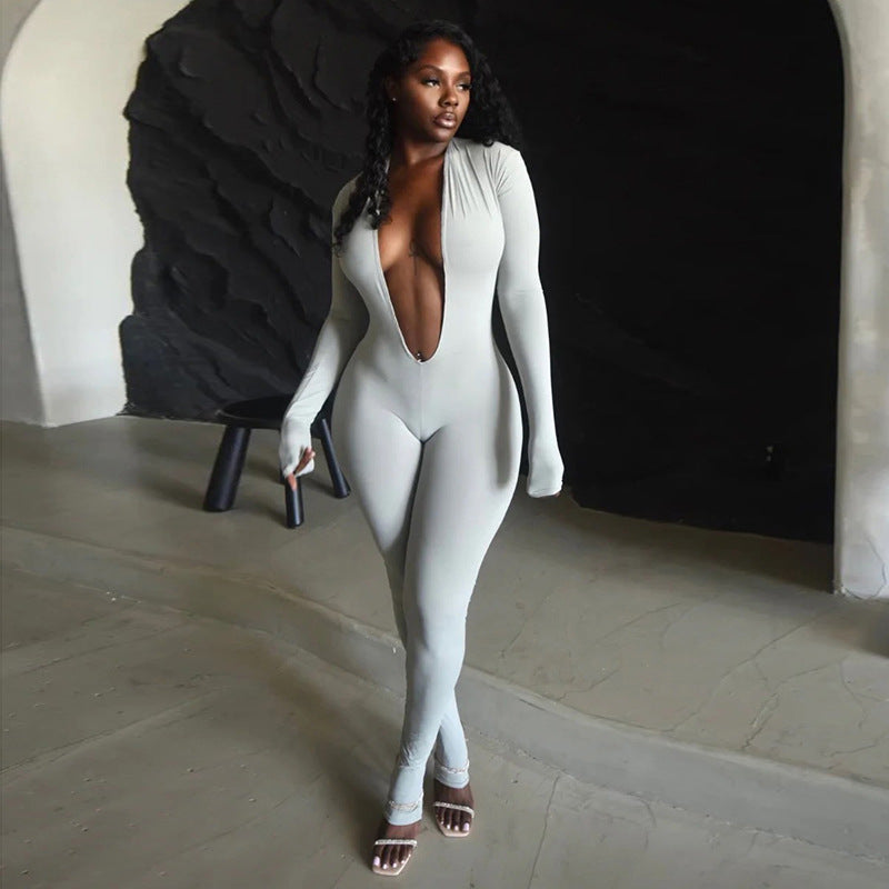 Fall Women Clothing Sexy Backless Deep V Plunge Long Sleeve Solid Color Tight Jumpsuit