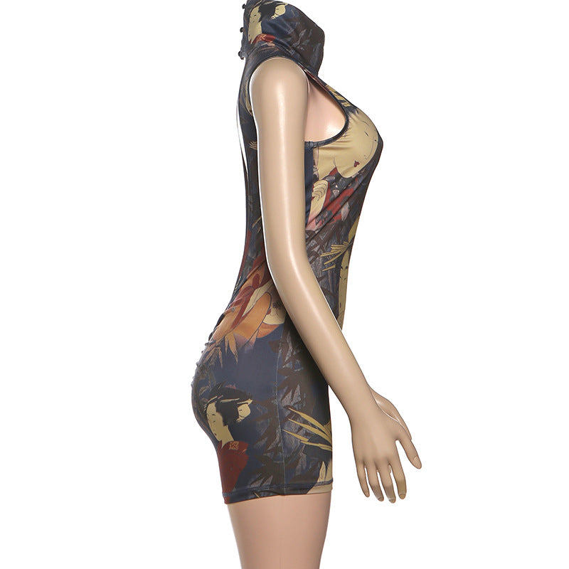 Women Autumn Winter Women Clothing Personalized Printing High Neck Sexy Slim Sleeveless Jumpsuit