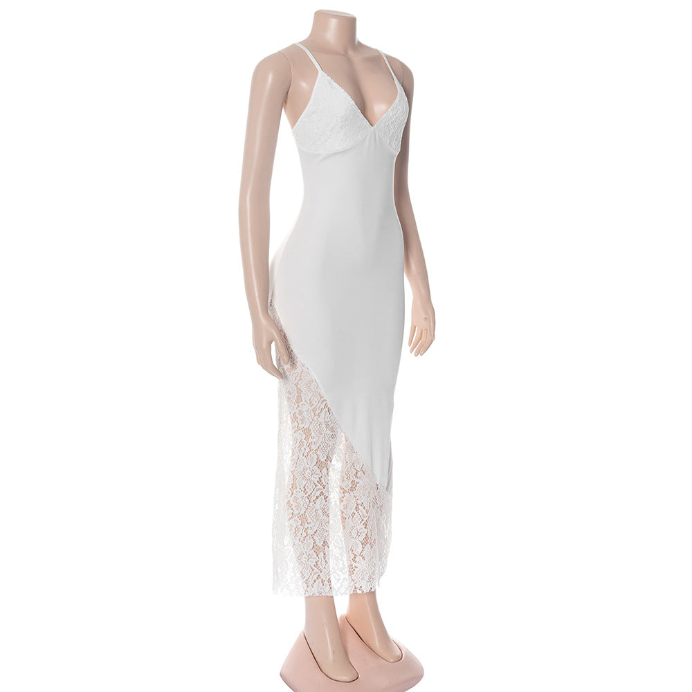 Retro White Lace Wood Grain Gentle Splicing Sling Dress in Time