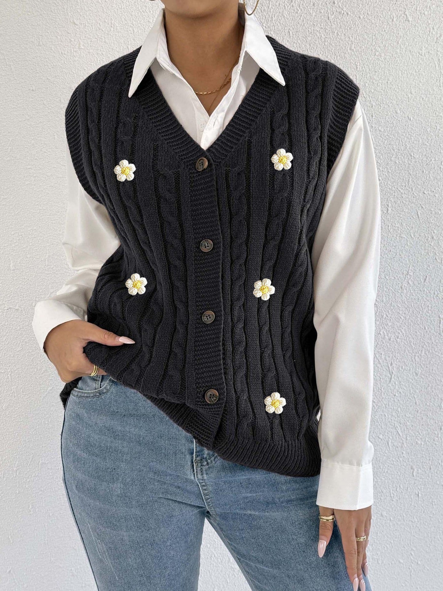 Women Knitted Cardigan Autumn Winter Women Clothing Casual Outerwear Vest Twist Woven Sweater Three Dimensional Floral Stitching Vest