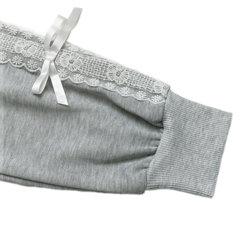 Casual Sweet Top Bow Lace Stitching Gray Long Sleeves Autumn Sweatshirts