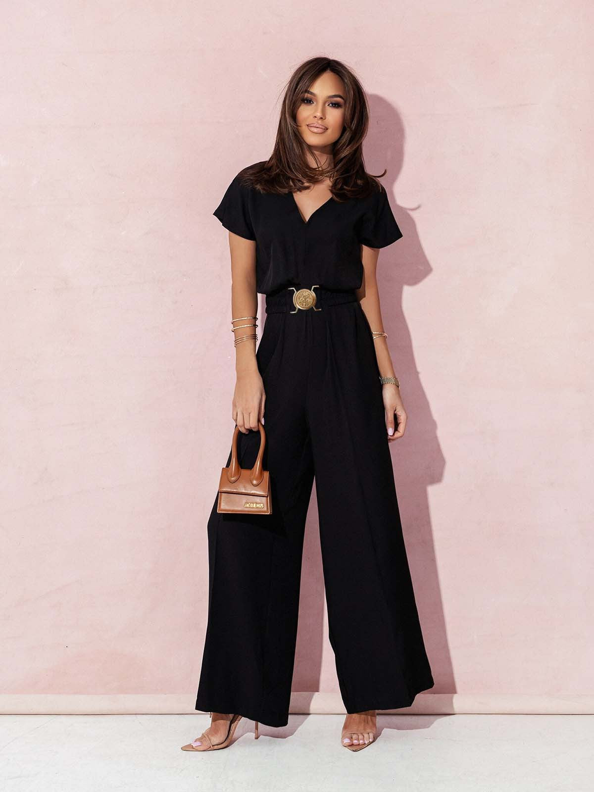 Women Clothing Solid Color V neck Tight Waist Short Sleeve Casual Trousers Jumpsuit