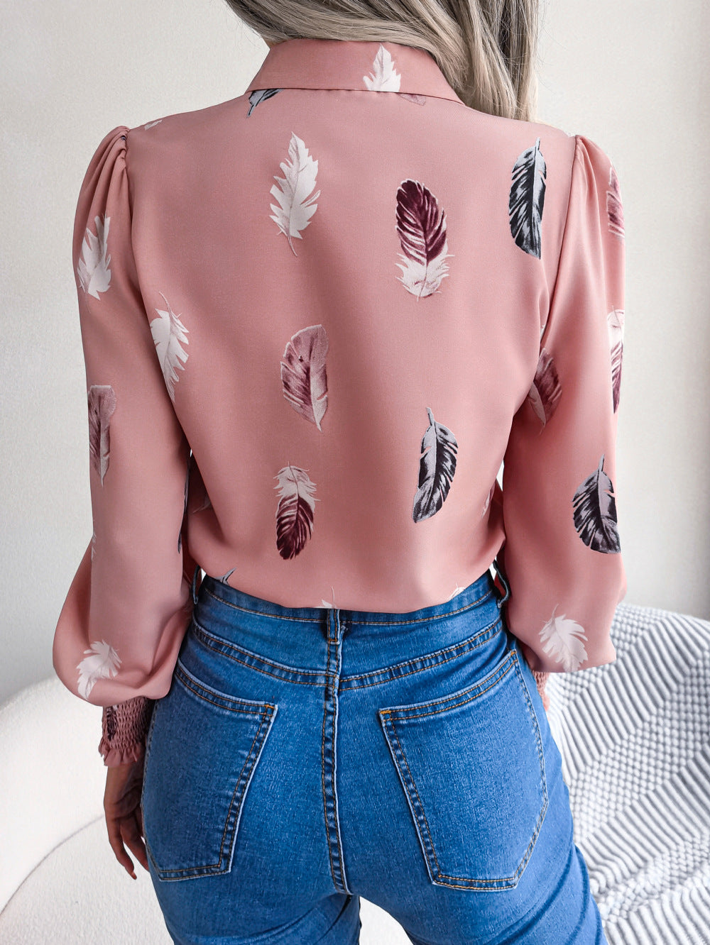 Spring Summer Elegant Feather Lantern Sleeve Collared Shirt Women Clothing