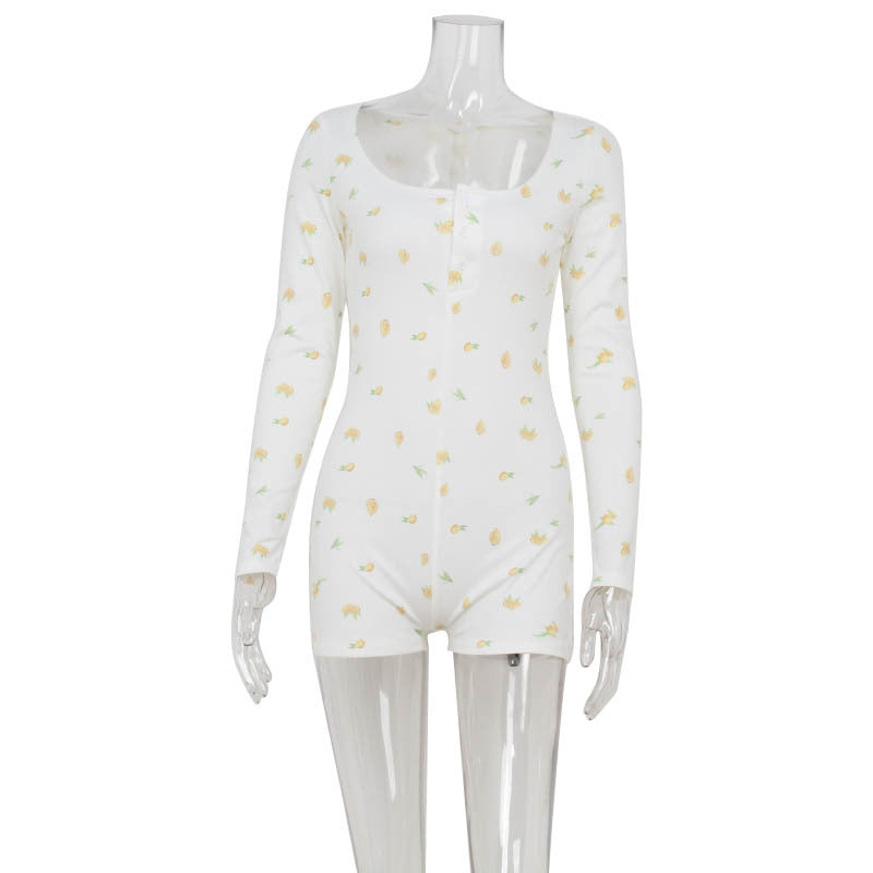 Top Product Women Clothing Long Sleeve Square Neck Printed Slim-Fit Sexy Sexy Romper Women