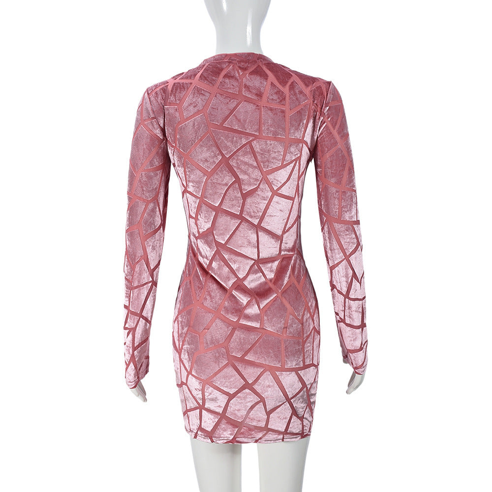 Women Hip Wear round Neck Long Sleeve Flocking Sexy Short Hip Dress