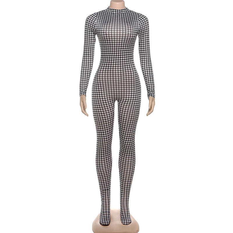 Autumn Winter Women Clothing Printed Turtleneck Long Sleeve Sexy High Waist Slim Fit Bodysuit