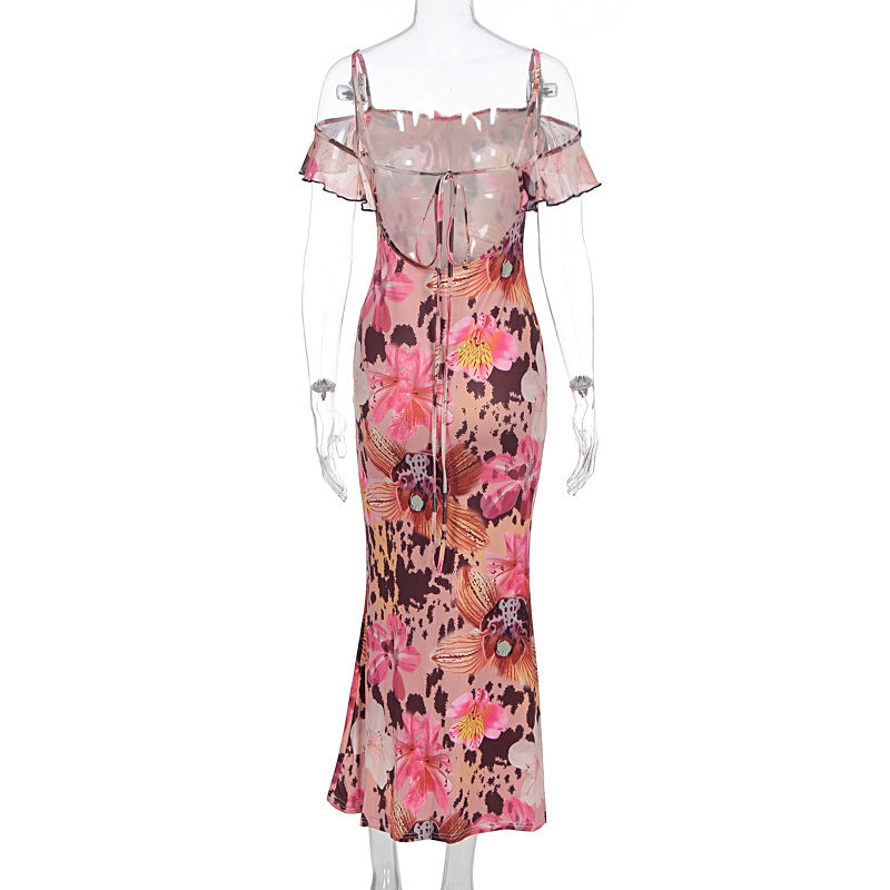 Summer Women Sexy Printed Ruffled Spaghetti Straps Slim Slimming Dress
