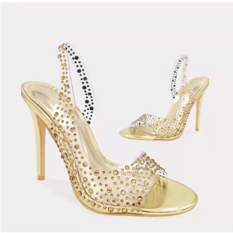 High Heel Transparent PVC Fabric Peep Toe Sandals Women Rhinestone Pointed Toe Sexy Stiletto Heel Slippers