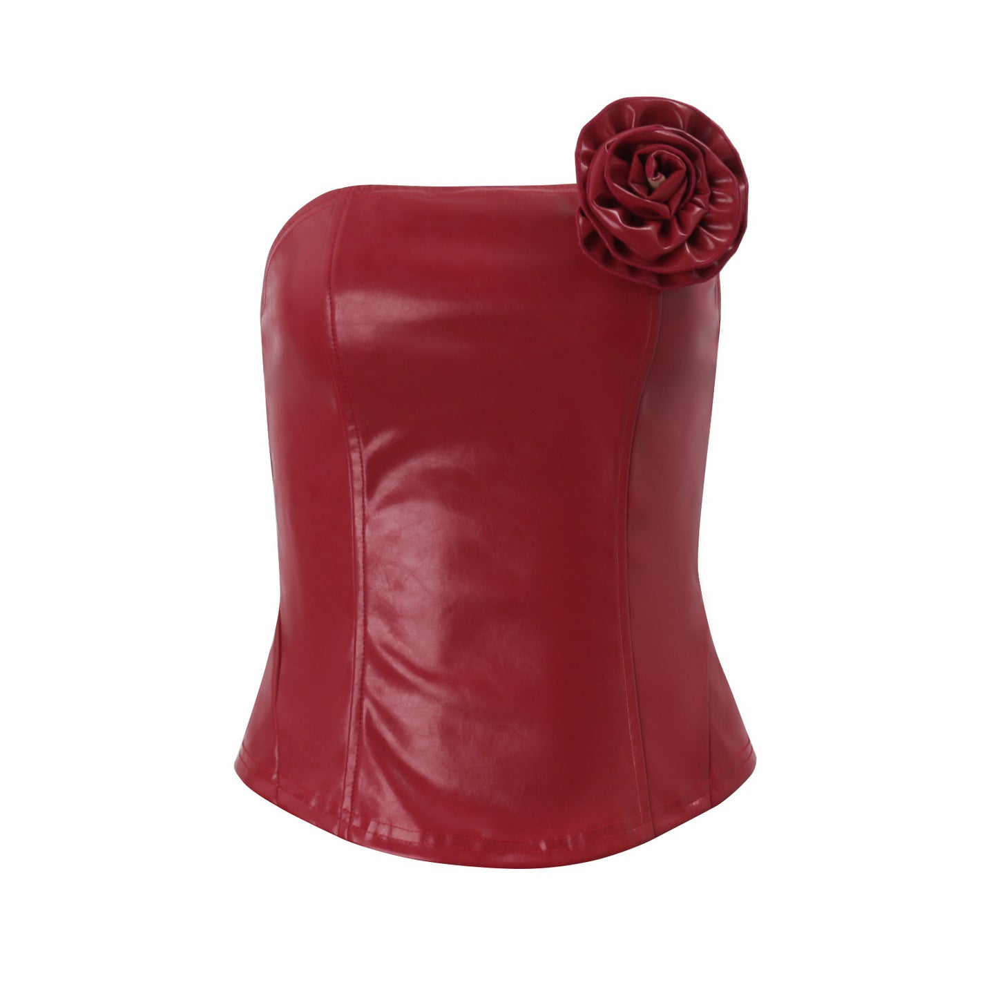 Women Clothing Autumn French Sexy Three Dimensional Floral Faux Leather Tube Top Vest Hip Skirt Set