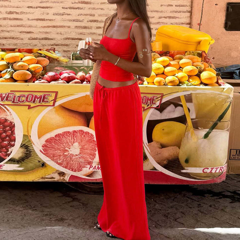Slim Fit Sexy Little Suspenders Solid Color Sheath Self Tie Dress Two Piece Sets Women