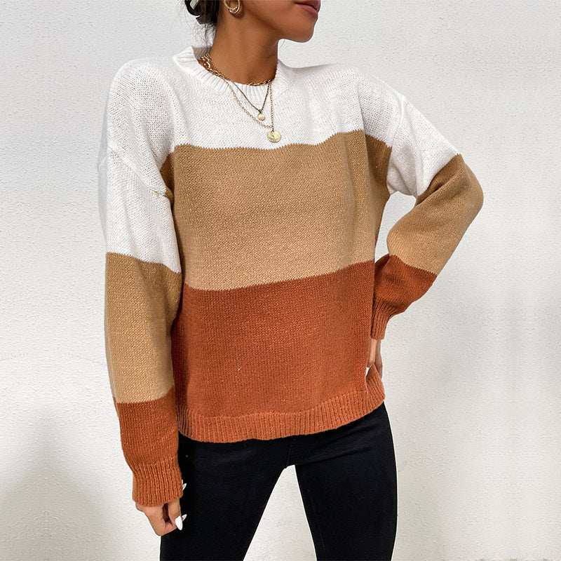 Vietnam Autumn Winter Casual Loose Gradient Color round Neck Striped Contrast Color Sweater Women