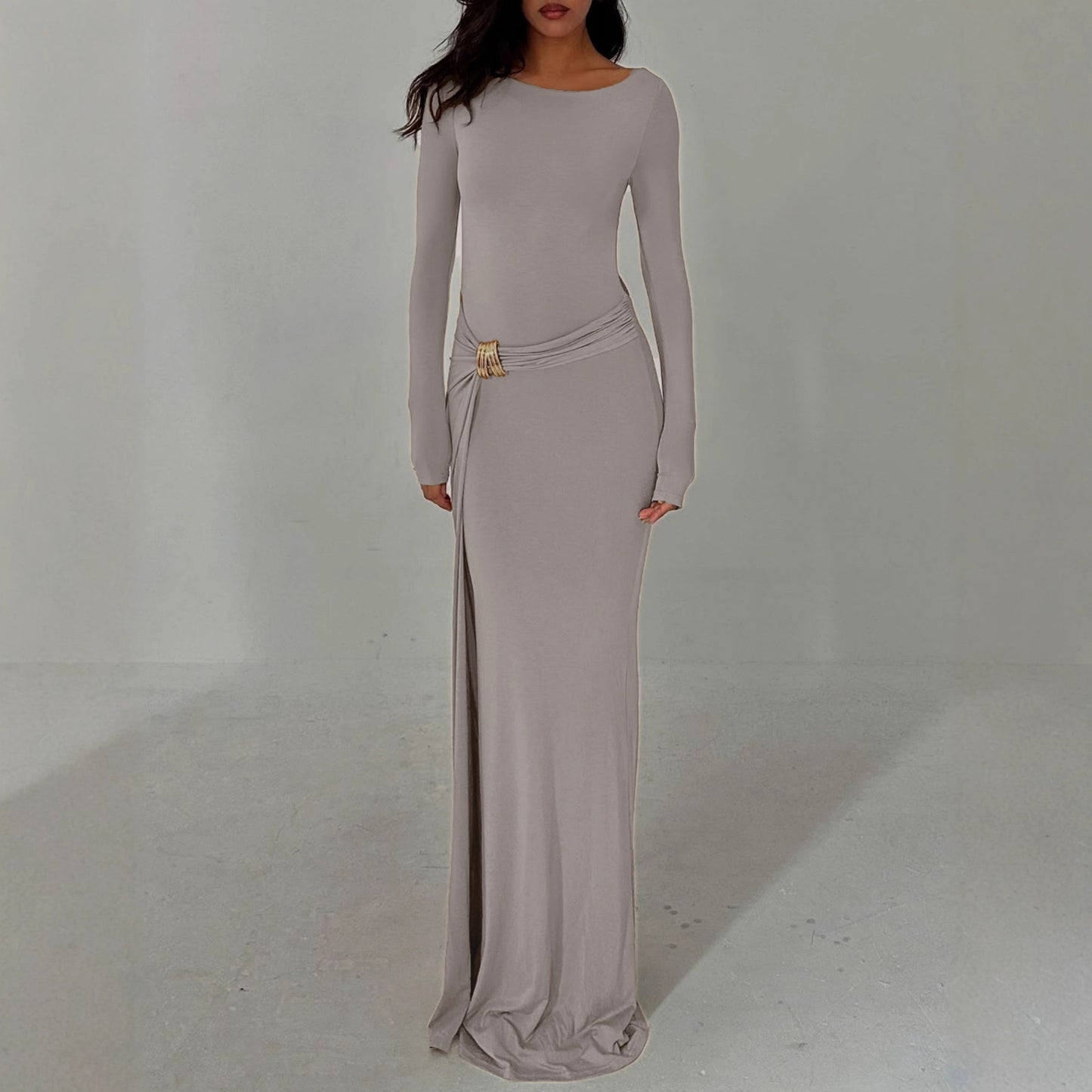 Women Maxi Dress Crew Neck Split Long Sleeve Autumn Dress