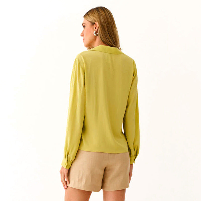 Women Clothing Autumn Long Sleeve Elegant V neck Solid Color Waist Tight Chiffon Shirt Women